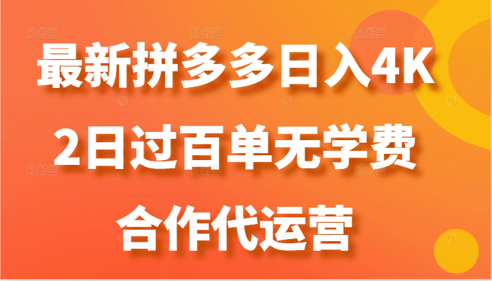 最新拼多多，日入4K+，2日过百单无学费，合作代运营-耐玩网创
