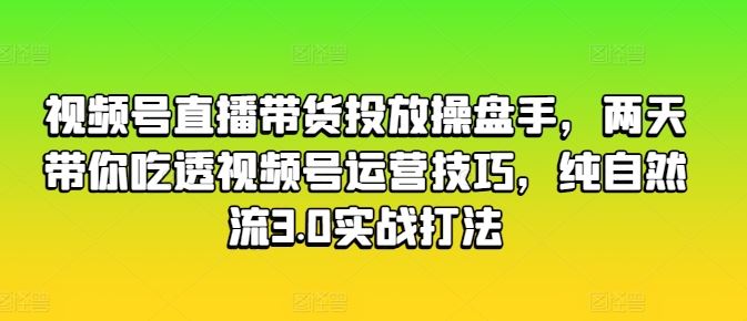 视频号直播带货投放操盘手，两天带你吃透视频号运营技巧，纯自然流3.0实战打法-耐玩网创