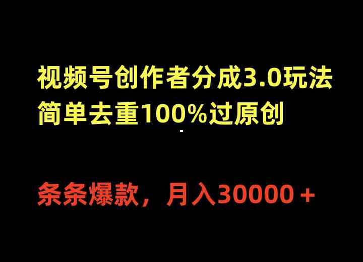 （10001期）视频号创作者分成3.0玩法，简单去重100%过原创，条条爆款，月入30000＋-耐玩网创