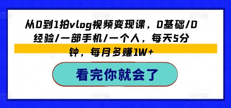 从0到1拍vlog视频变现课，0基础/0经验/一部手机/一个人，每天5分钟，每月多赚1W+-耐玩网创