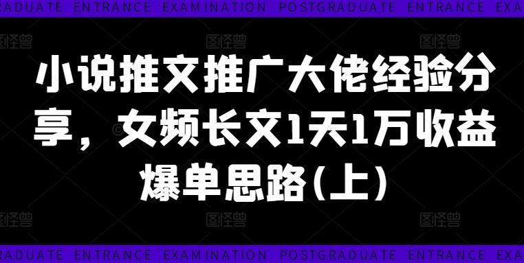 小说推文推广大佬经验分享，女频长文1天1万收益爆单思路(上)-耐玩网创