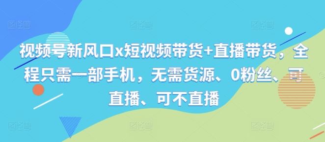 视频号新风口x短视频带货+直播带货，全程只需一部手机，无需货源、0粉丝、可直播、可不直播-耐玩网创