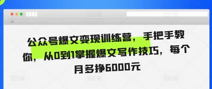 公众号爆文变现训练营，手把手教你，从0到1掌握爆文写作技巧，每个月多挣6000元-耐玩网创