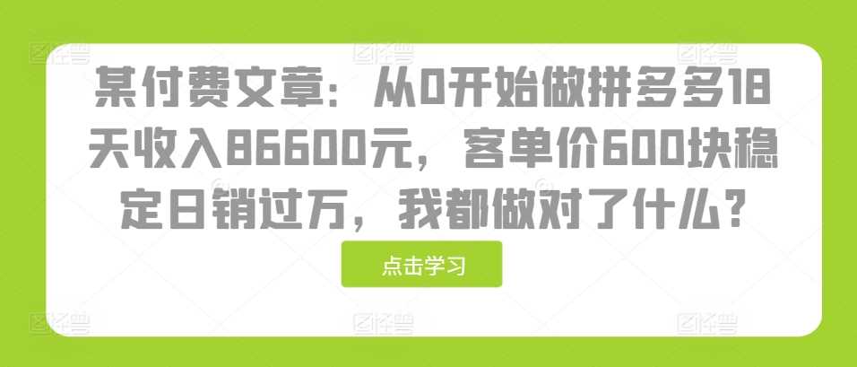某付费文章：从0开始做拼多多18天收入86600元，客单价600块稳定日销过万，我都做对了什么?-耐玩网创