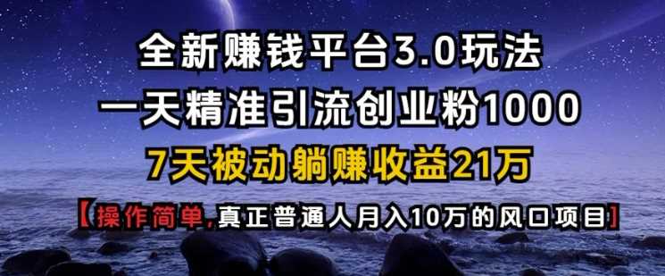 全新赚钱平台3.0玩法一天精准引流创业粉1000.7天被动躺Z收益21W【仅揭秘】-耐玩网创