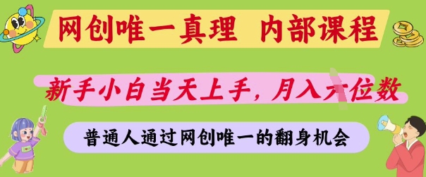 网创唯一真理，内部课程，新手小白当天上手，月入5位数，普通人通过网创唯一的机会【揭秘】-耐玩网创