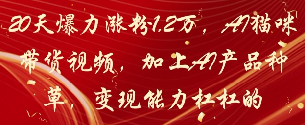 20天爆力涨粉1.2W，AI猫咪带货视频，加上AI产品种草，变现能力杠杠的-耐玩网创