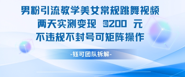 男粉引流教学美女常规跳舞视频两天实测变现1k+，不违规不封号可矩阵操作-耐玩网创
