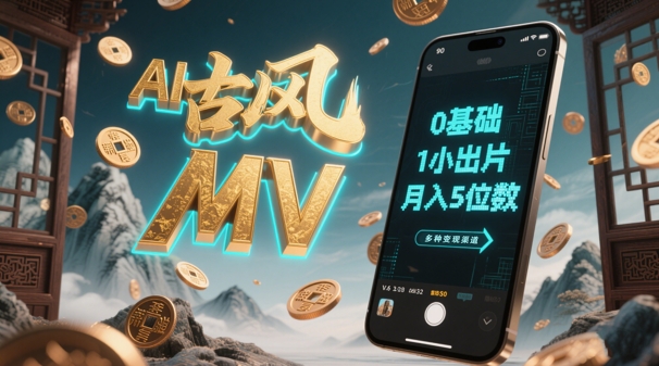 AI一键生成古风音乐MV，0剪辑基础1小时出片，多种变现渠道，一部手机月入5位数-耐玩网创