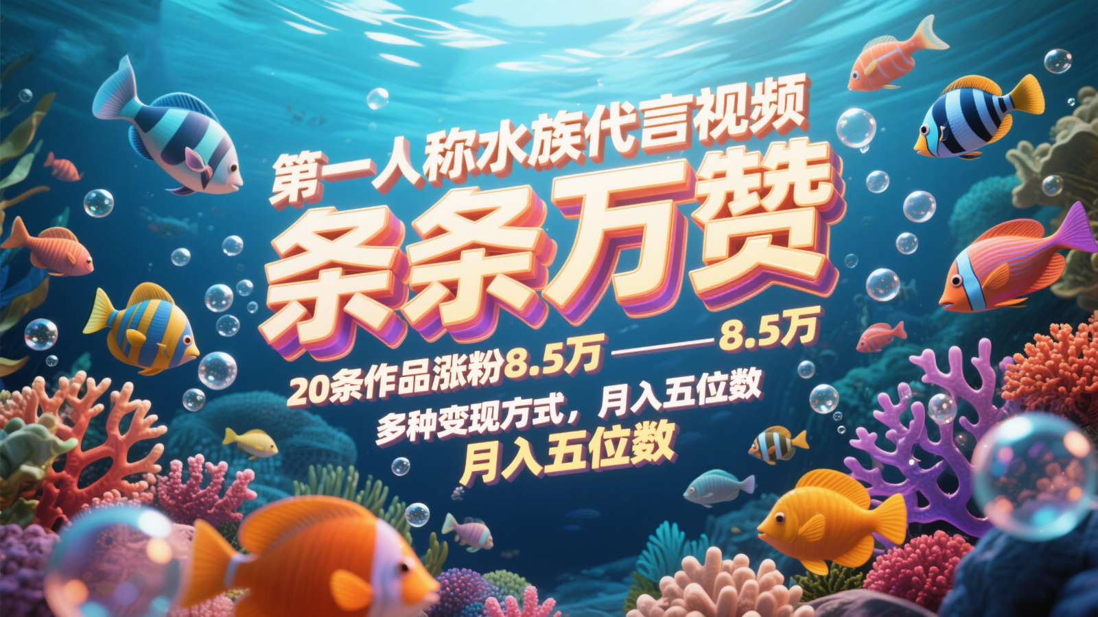 第一人称水族代言视频，条条万赞，20条作品涨粉8.5万，多种变现方式月，入五位数-耐玩网创