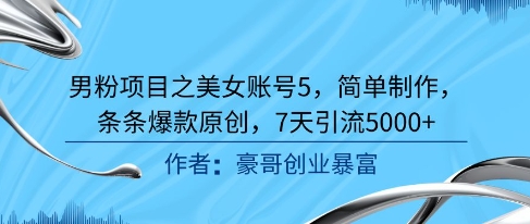 男粉项目之美女账号5，简单制作，条条爆款原创，7天引流5000+-耐玩网创