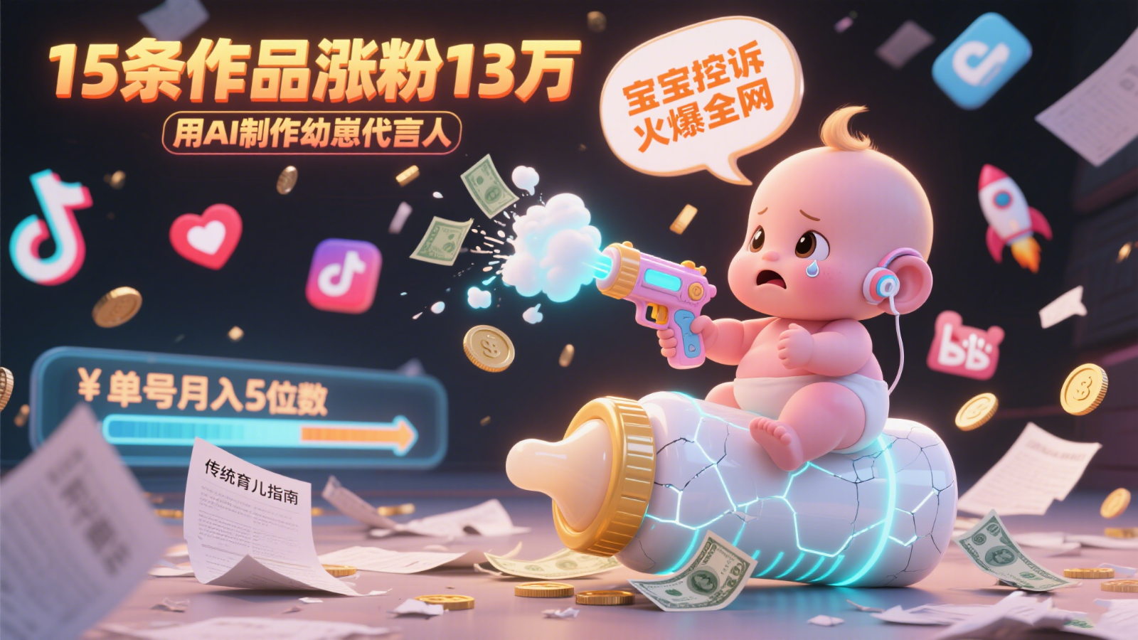 用AI制作幼崽代言人，宝宝的控诉火爆全网，15条作品涨粉13万，单号月入5位数实操教程-耐玩网创